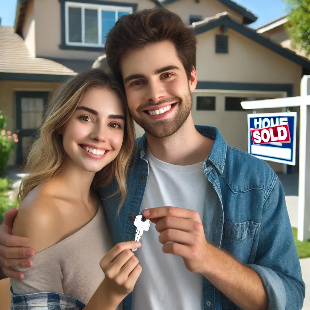 A young couple, smiling with excitement, stands in front of their new home